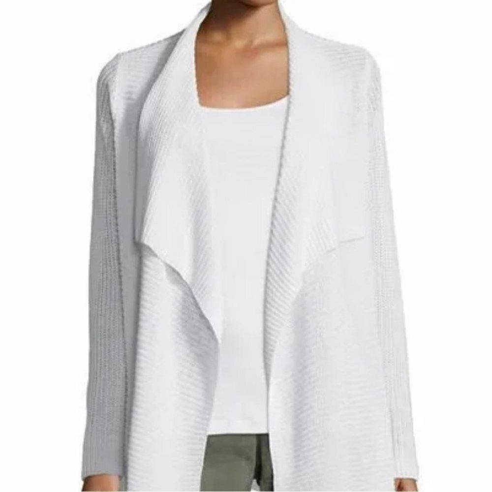 Eileen Fisher White Organic Linen Ribbed Drape Front Cardigan Sweater Size XS